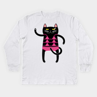 Black Cat Wearing a Pink Bikini Swimsuit Kids Long Sleeve T-Shirt